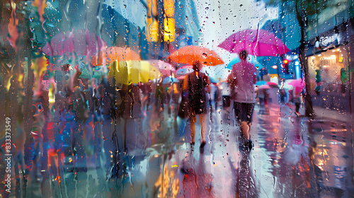 A sudden summer downpour transforms a city street into a scene of glistening pavement and vibrant reflections. People take shelter under colorful umbrellas, enjoying the brief respite from the heat. R photo