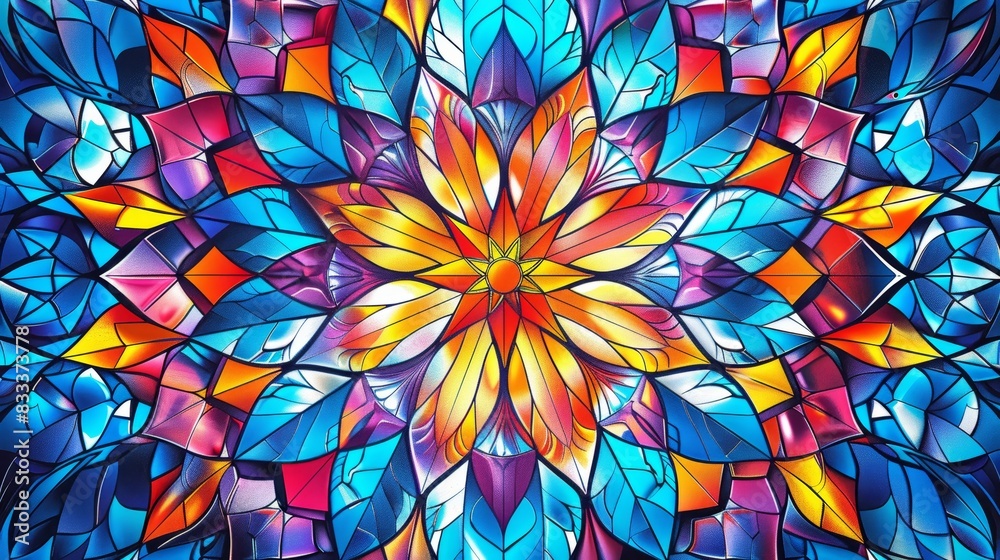 A page in a coloring book with a kaleidoscope design, featuring symmetrical geometric patterns that repeat in a circular shape. A page in a coloring book with a kaleidoscope design, featuring symmetrical geometric patterns that repeat in a circular shape.