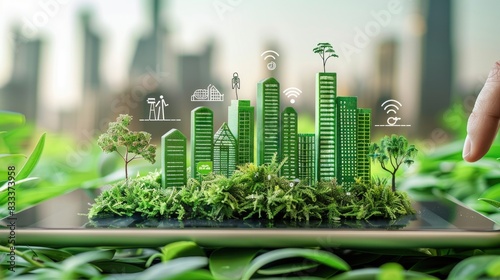 The photo shows a hand holding a tablet with a 3D rendering of a green city on the screen. The city is made of eco-friendly buildings and is surrounded by greenery. The photo is taken from a high
