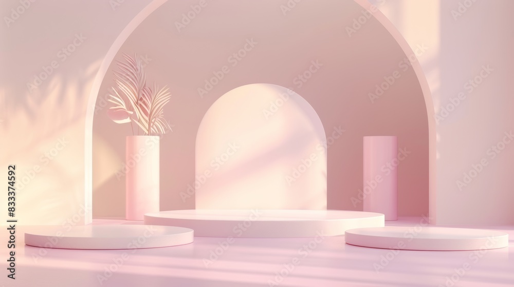 A minimalist podium set against a soft pastel background in shades of light pink and lavender, with clean lines and a simple design A minimalist podium set against a soft pastel background in shades of light pink and lavender, with clean lines and a simple design