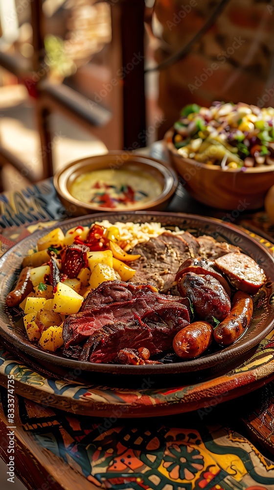 Bolivian pique macho, a platter with beef, sausage, potatoes, and vegetables, served on a rustic plate with a festive Bolivian street scene
