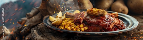 Bolivian charque de llama, dried llama meat with corn and potatoes, served on a rustic plate with an Andean mountain scene photo