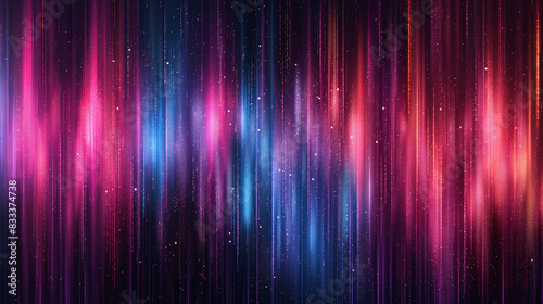 dynamic array of vertical lines, each emitting a glowing point of light. These lines vary in height and color, ranging from deep blues to bright purples and pinks photo