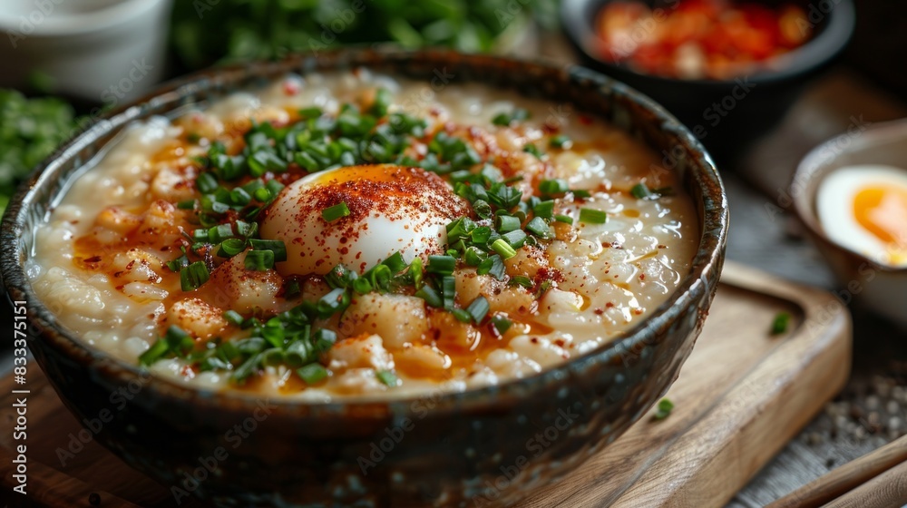 A delicious bowl of congee, topped with a soft-boiled egg, scallions, and chili oil. A delicious bowl of congee, topped with a soft-boiled egg, scallions, and chili oil.