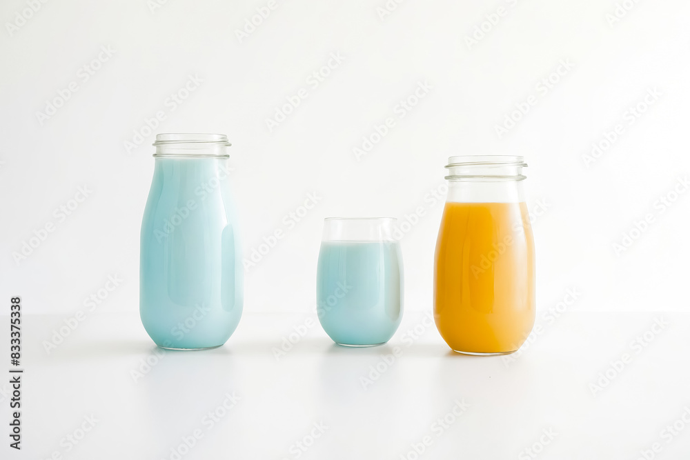 Two bottles and a glass of blue milk and a bottle of orange juice Two bottles and a glass of blue milk and a bottle of orange juice