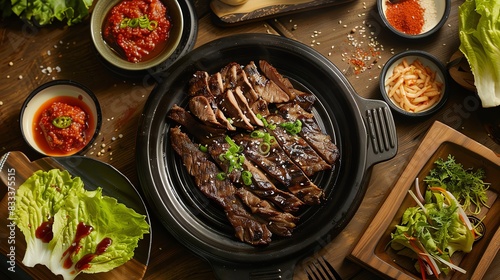 A variety of delicious Korean BBQ meats, including bulgogi, galbi, and samgyeopsal, are served on a hot plate with lettuce, ssamjang, and other dipping sauces.
