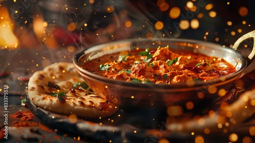 Butter chicken Murgh Makhani, served in a traditional copper bowl with naan bread and a backdrop of a vibrant Indian market photo
