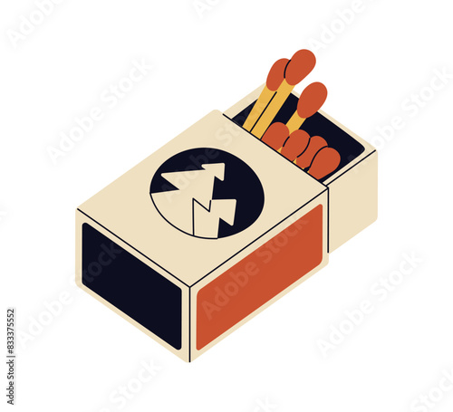 Match box with matchsticks. Open carton pack full of wood sticks with sulphur heads. Fire tool in cardboard package, matchbox. Flat graphic vector illustration isolated on white background