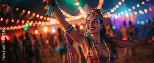 Frau tanzt auf buntem Musikfestival