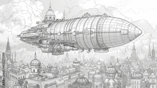 An intricate coloring book illustration of a steampunk airship, floating above a fantastical cityscape with clockwork elements.