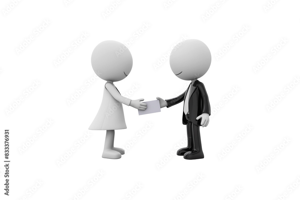3d cartoon business man send a card to hand of a woman on transparent background. Generative ai illustration. 3d cartoon business man send a card to hand of a woman on transparent background. Generative ai illustration.