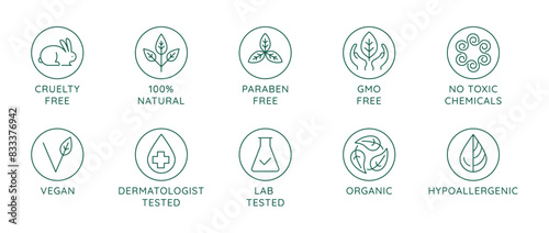 Vector set of design elements, logo design template, icons and badges for natural and organic cosmetics in trendy linear style - cruelty free, organic product, sustainable development photo
