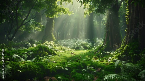 Enchanted forest with vibrant green moss and ferns under a canopy of towering trees. 8k  realistic  full ultra HD  high resolution and cinematic photography