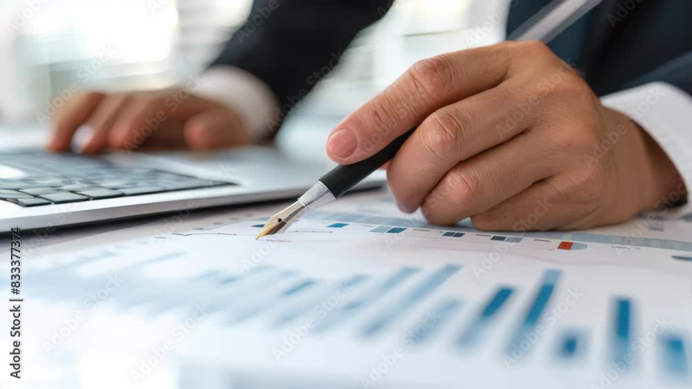 Close up of a businessman's hand holding a pen working with a financial chart and data on a desk in an office. Close up of a businessman's hand holding a pen working with a financial chart and data on a desk in an office.