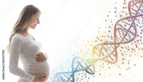 Pregnant woman and illustration of DNA structure on white background, closeup photo