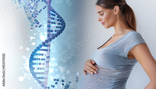 Pregnant woman and illustration of DNA structure on white background, closeup photo