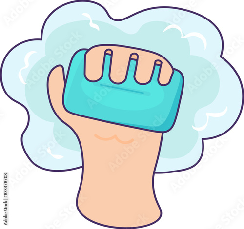 Man hand holding bar of soap icon. Maintaining daily hygiene, medical stroked cartoon element for modern and retro design. Simple color vector pictogram isolated on white background