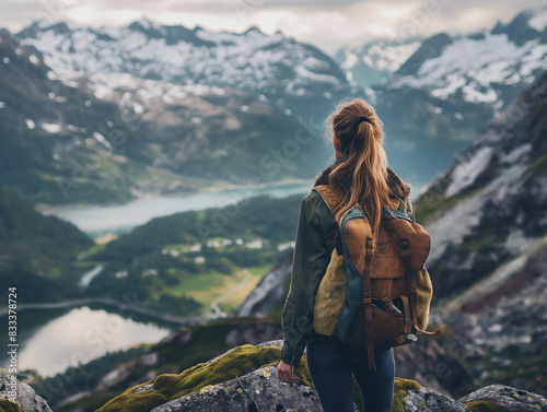 Dziewczyna - turystka z plecakiem podziwiająca ze szczytu góry cudowny górski widok z górami lasami i jeziorem. photo