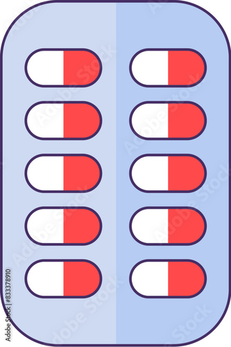 Blister pack with pills icon. Rectangular plate with medicine capsules, medical stroked cartoon element for modern and retro design. Simple color vector pictogram isolated on white background