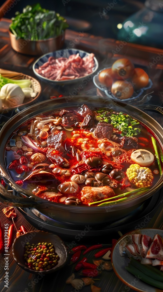Hot pot with spicy broth, various meats, and vegetables, served in a large pot with a lively Taiwanese night market backdrop Hot pot with spicy broth, various meats, and vegetables, served in a large pot with a lively Taiwanese night market backdrop