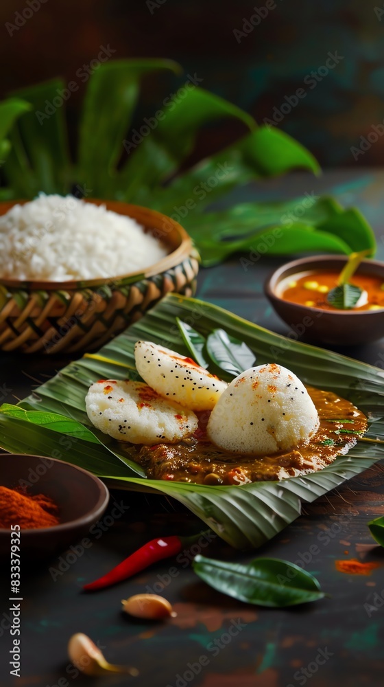 Idli with sambar, steamed rice cakes served with lentil soup and chutneys, on a banana leaf with a South Indian breakfast scene Idli with sambar, steamed rice cakes served with lentil soup and chutneys, on a banana leaf with a South Indian breakfast scene