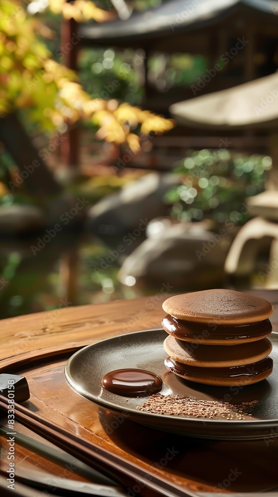 Image shows a plate of freshly made dorayaki, a Japanese dessert consisting of two pancakes with a sweet filling in between Image shows a plate of freshly made dorayaki, a Japanese dessert consisting of two pancakes with a sweet filling in between