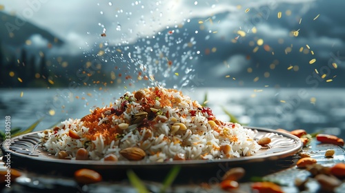 Kashmiri pulao, fragrant rice with nuts and dried fruits, served on a decorative plate with a backdrop of the Dal Lake in Kashmir photo