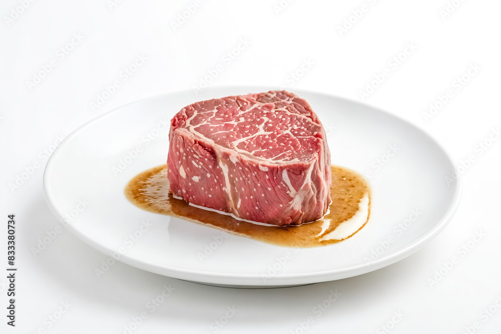 Close-up of a Raw Beef Steak on a White Plate Close-up of a Raw Beef Steak on a White Plate