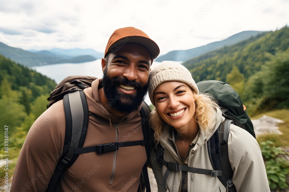 A happy couple hiking in a picturesque outdoor setting, dressed in warm clothing with backpacks, smiling at each other A happy couple hiking in a picturesque outdoor setting, dressed in warm clothing with backpacks, smiling at each other