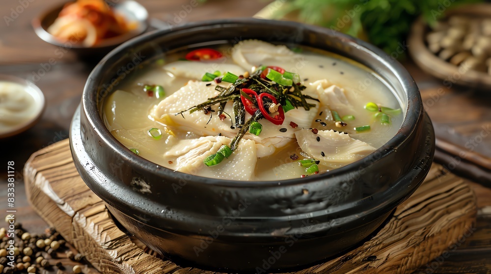 Korean chicken ginseng soup Samgyetang, served in a traditional bowl with a serene Korean countryside backdrop Korean chicken ginseng soup Samgyetang, served in a traditional bowl with a serene Korean countryside backdrop