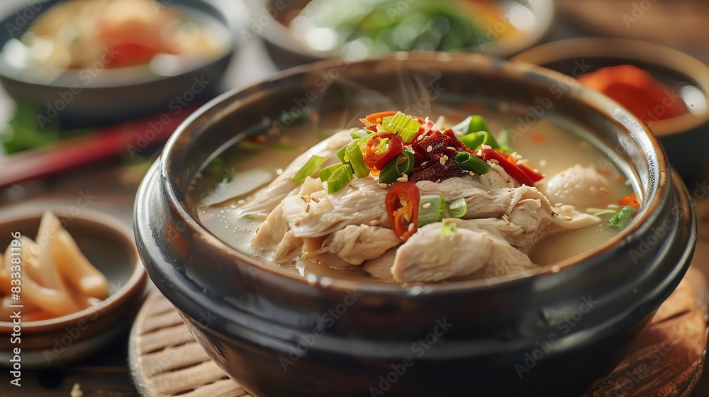 Korean chicken ginseng soup Samgyetang, served in a traditional bowl with a serene Korean countryside backdrop Korean chicken ginseng soup Samgyetang, served in a traditional bowl with a serene Korean countryside backdrop