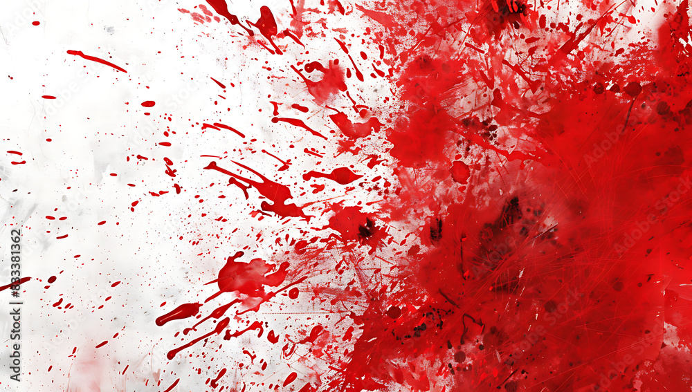 Splattered abstract red paint - on a white background. creating an intense and dramatic visual effect. 