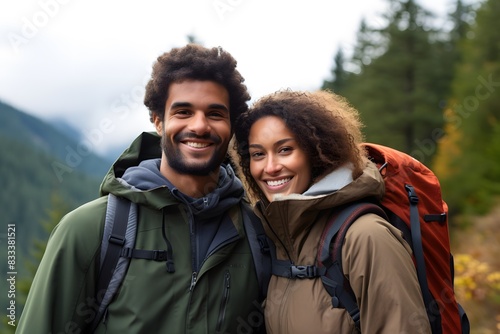 A happy couple hiking in a picturesque outdoor setting, dressed in warm clothing with backpacks, smiling at each other