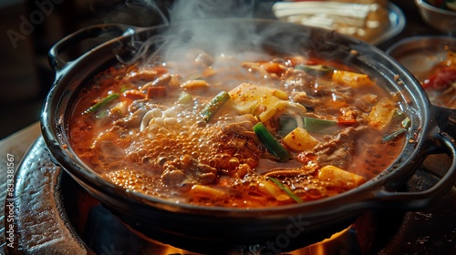 Korean hot pot Budae Jjigae, spicy stew with mixed ingredients, served in a large pot with a cozy Korean home setting