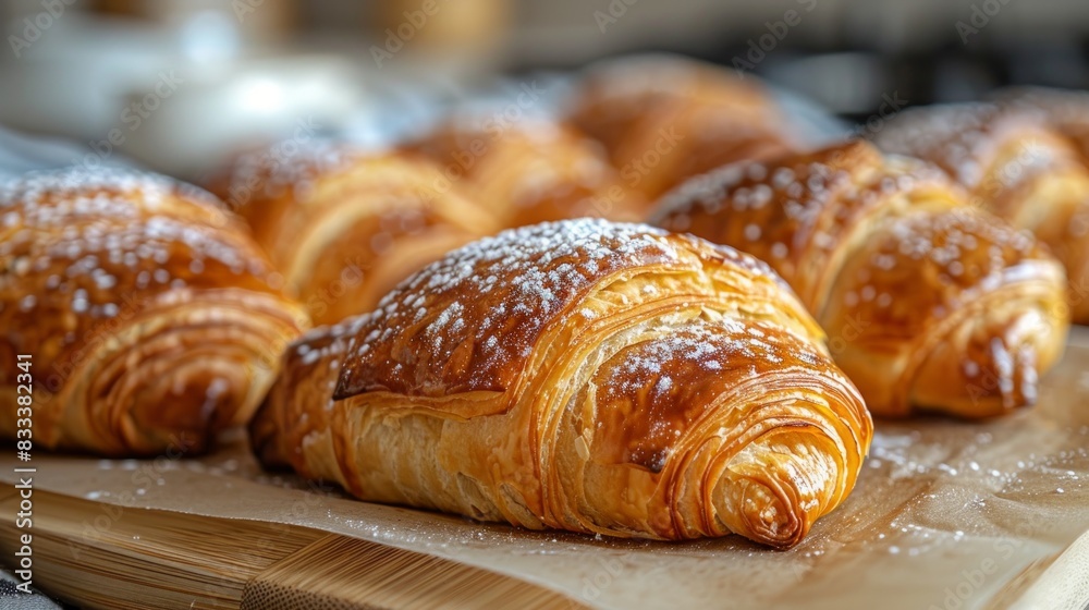 Freshly baked croissants on a wooden board. Freshly baked croissants on a wooden board.