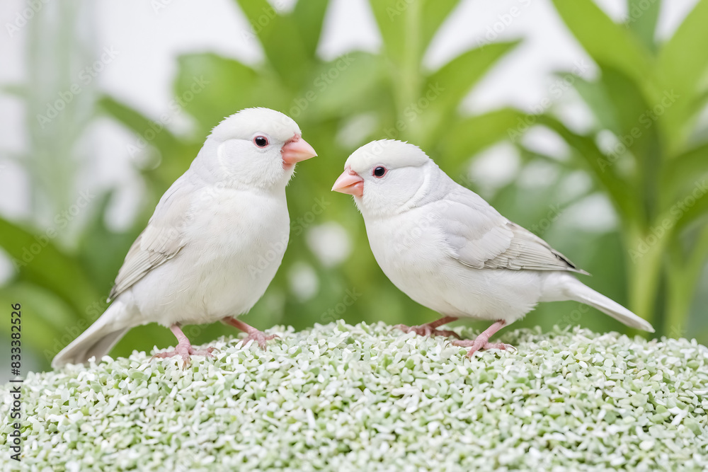 Two White Finches Perched on Green Plant Two White Finches Perched on Green Plant