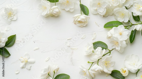 White background with fragrant white jasmine flowers. generative ai