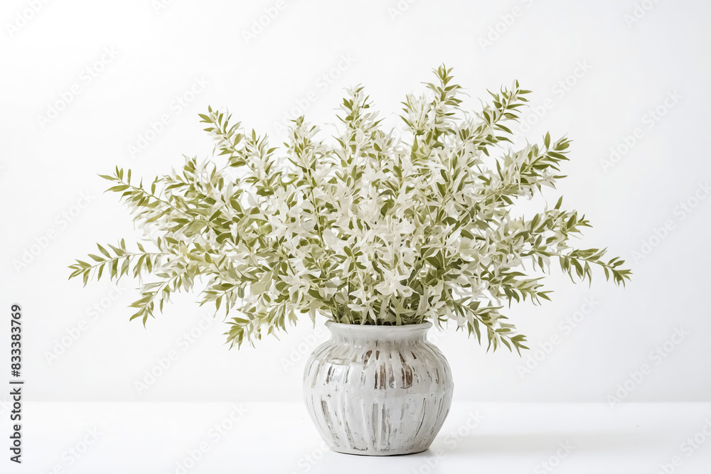 Green Leaves in White Vase on White Tabletop Green Leaves in White Vase on White Tabletop