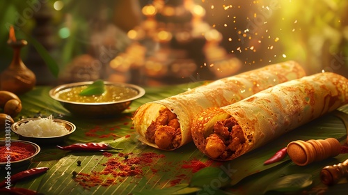 Masala dosa, a crispy rice and lentil crepe filled with spiced potatoes, served with sambar and coconut chutney on a banana leaf with a South Indian temple background