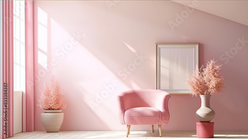 cozy place in home interior  soft chair in front of white wall and empty white photo frame  place for advertising 