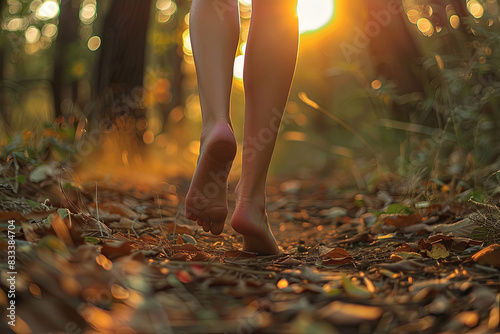 Woman feet walking barefoot low during sunset in the forest. photo