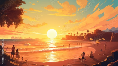 illustration of the sun smiling and looking at the beach © Helen