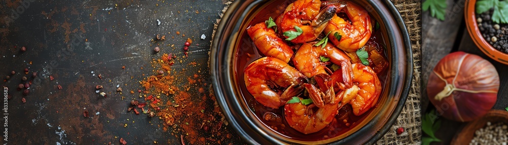 Prawn balchao, spicy Goan prawn pickle, served in a rustic bowl with a coastal Goan village scene Prawn balchao, spicy Goan prawn pickle, served in a rustic bowl with a coastal Goan village scene