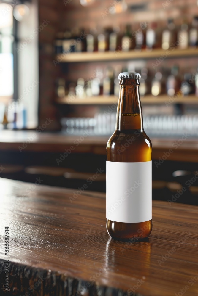 Chilled Beer Bottle with Blank Label on Wooden Bar Counter Chilled Beer Bottle with Blank Label on Wooden Bar Counter