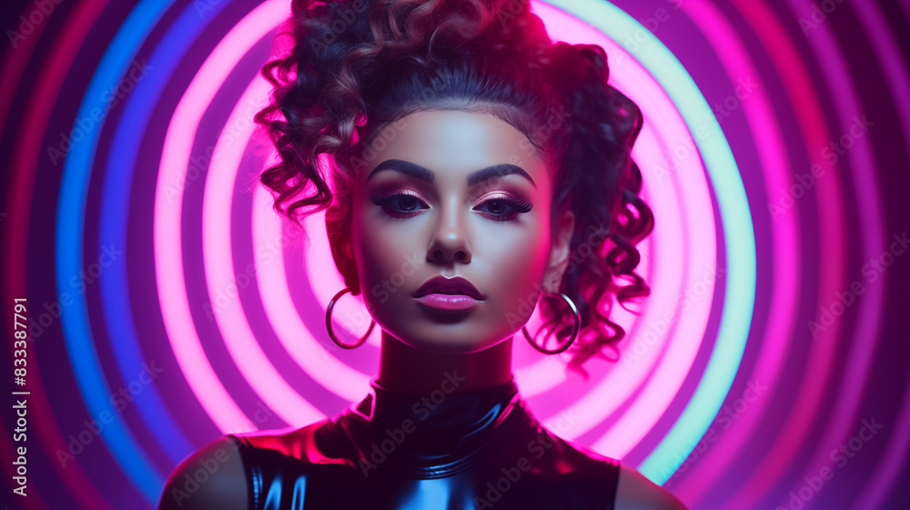 Futuristic Portrait of a Woman with Curly Hair in Neon Lights