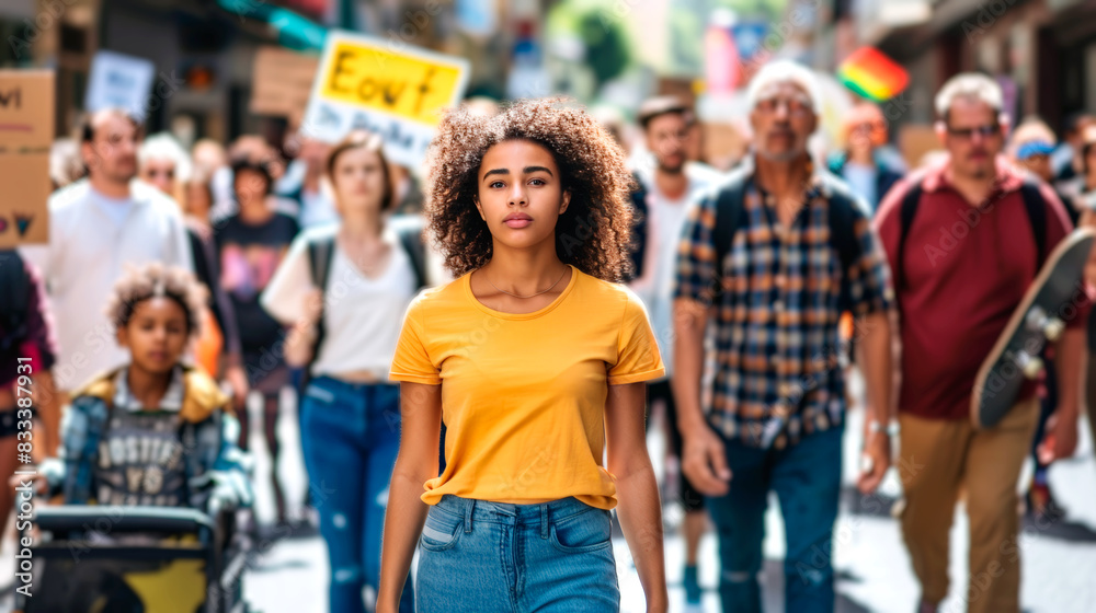 Obraz premium Young woman leading a social protest with diverse crowd marching