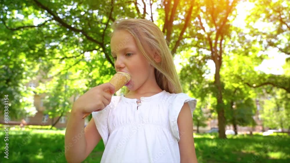 Cute little girl eating ice cream. Happy girl eating ice cream cone smiling while resting in park on summer day, child enjoying ice cream outdoor. 