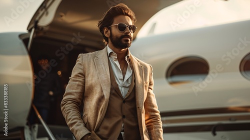 Portrait of indian businessman in stylish suit on the luxury jet background.