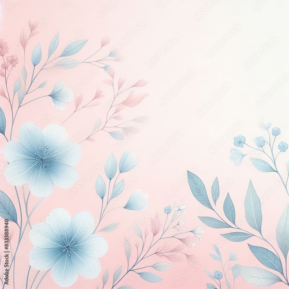 Fototapeta premium Floral card template background - Watercolor floral texture in pastel pink and blue tones - Square wedding card with delicate flower decorations