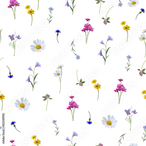 Wild flowers seamless pattern on a white background
